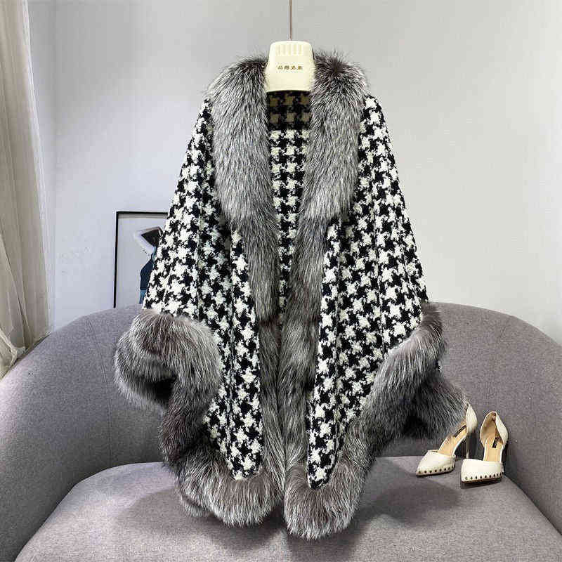 سترة الرأس الشتوية للسيدات نساء Houndstooth الربط تقليد فرو معطف فضفاض شال غير رسمي فروي كبير الحجم الكبير مصمم فاخر معطف T220831