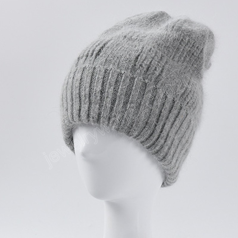 Chapeau d'hiver en fourrure de lapin pour femmes, bonnet tricoté épais et chaud pour filles, style coréen, couleur unie, à la mode