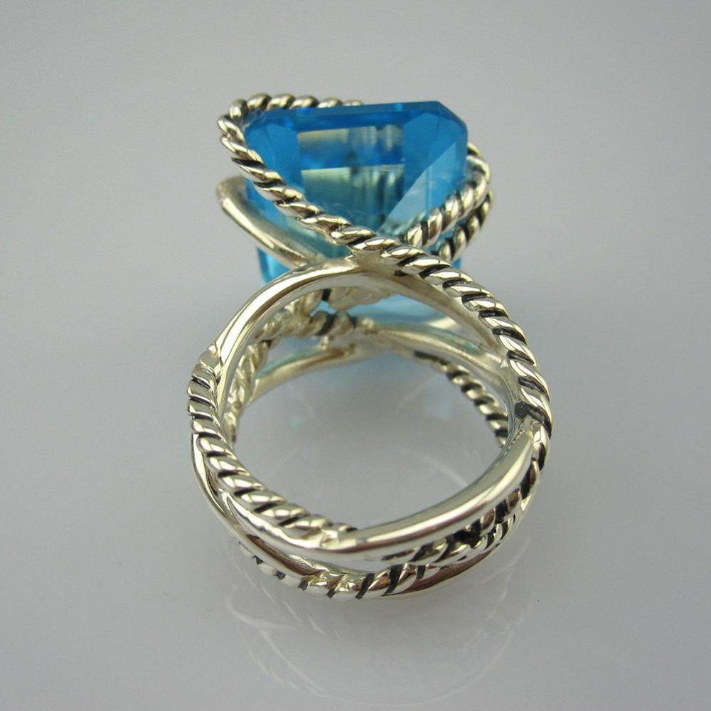 Luxury 925 Sterling Silver Rings 20x15mm Blue Topaz Cable Wrap Ring Gemstone Jewelry Rose Quartz Black Onyx Women Ring