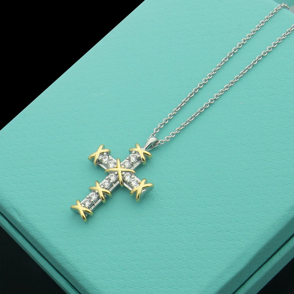 Vintage Designer Gold Cross Full Diamond Necklace Luxury Earring Set Styling Original Fashion Classic Armband Women's JewelR233J