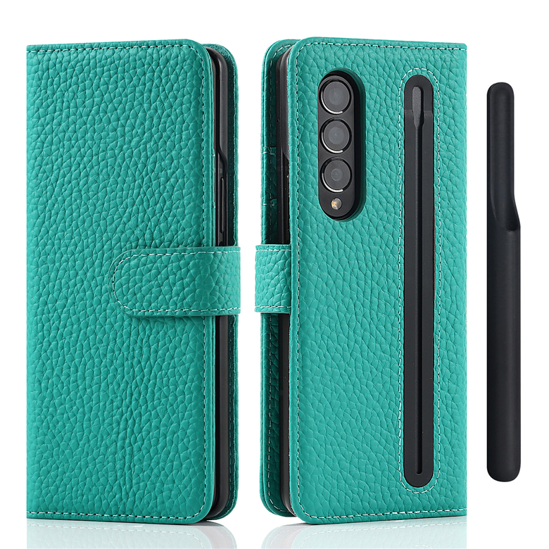 Folding Flip äkta Lychee -mönster lädertelefonfodral för Samsung Galaxy Z Fold3 5G flera kortplatser Plånbok Kickstand Protective Shell med penna slothållare