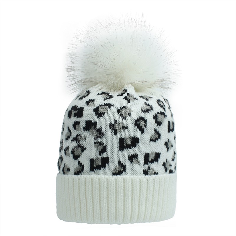 Autumn Winter Faux Fur Pompom Hat Leopard Knit