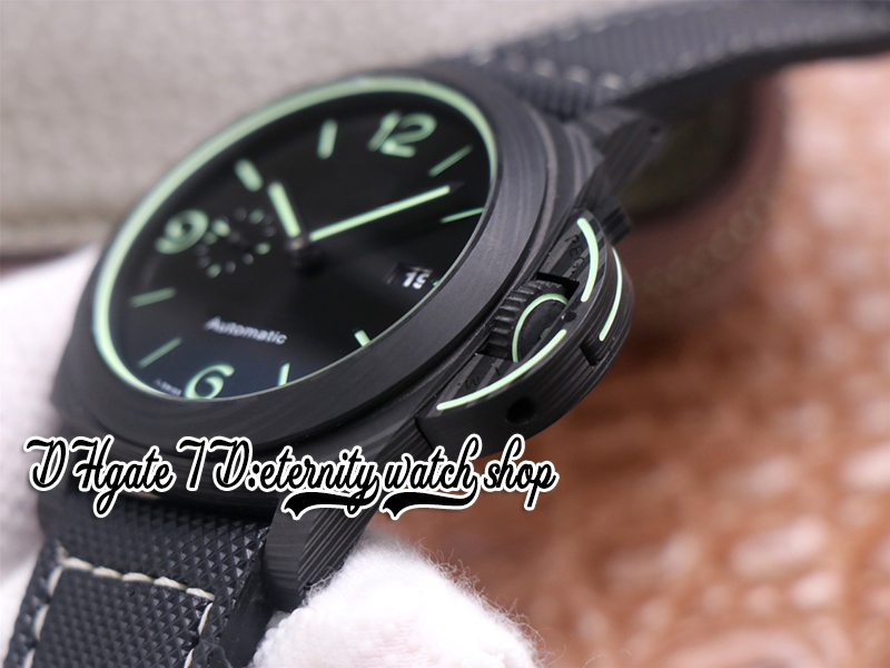 V2 44mm MENS -Titta på SV1118 s.9010 VSP9010 LUMINOUS TRILOGY Automatisk kolfiberfodral Black Dial Green Markers Nylon Sportech Strap Super Edition Eternity Watches