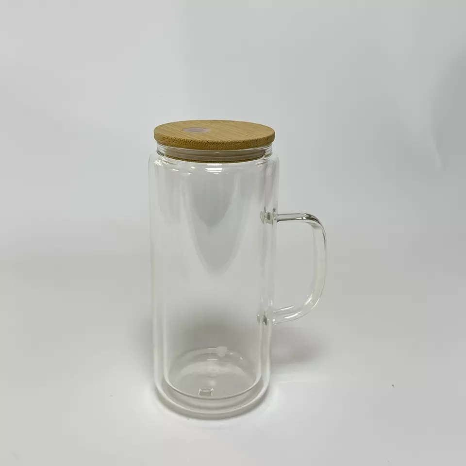 16oz förborrad snöglob glasburk tumlare med handtag bambu lock sugrör dubbelvägg icke-sublimering glasögon tumbler klar blank glitter kaffemugg