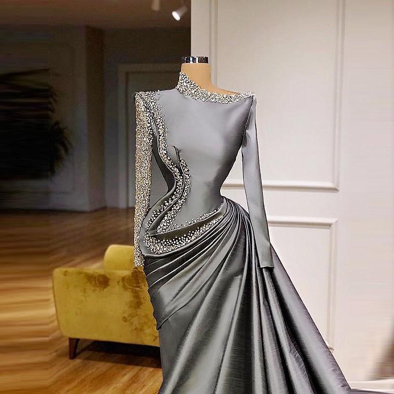 2022 grå saudiarabiska långa ärmar balklänningar bär stora pärlor paljetter tafta aftonklänning vestidos de fiesta formella festklänningar