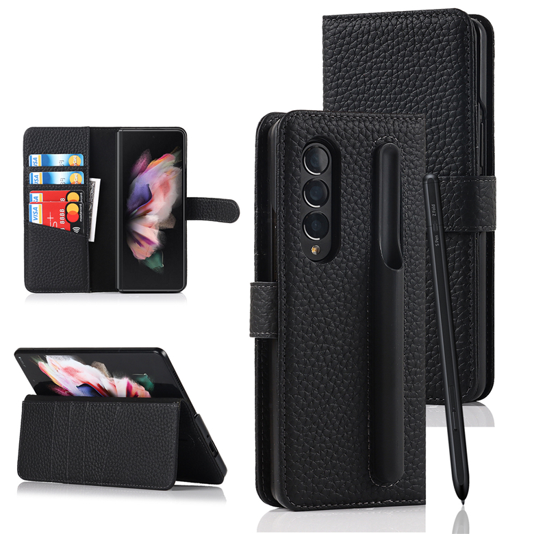 Folding Flip äkta Lychee -mönster lädertelefonfodral för Samsung Galaxy Z Fold3 5G flera kortplatser Plånbok Kickstand Protective Shell med penna slothållare