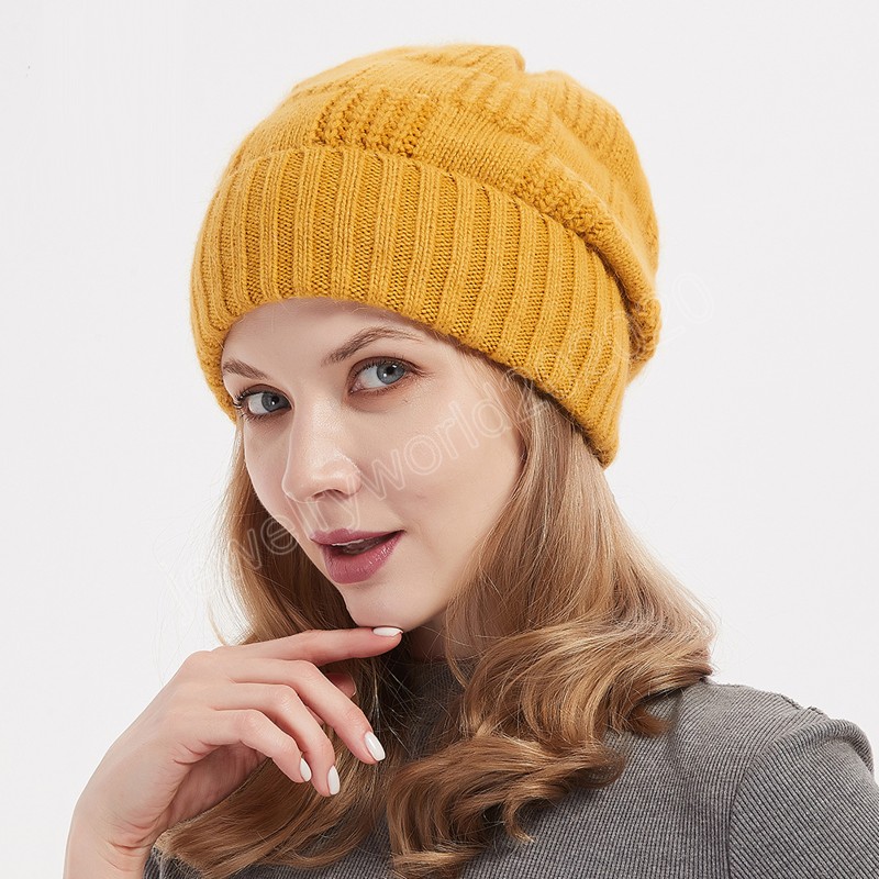 Chapeau d'hiver en fourrure de lapin pour femmes, bonnet tricoté épais et chaud pour filles, style coréen, couleur unie, à la mode