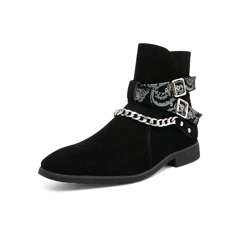 Designer Mens Martin -laarzen met Buckle en Chain Chelsea puntige teen cowboyschoenen casual bota's mannen korte enkel buitenlaars