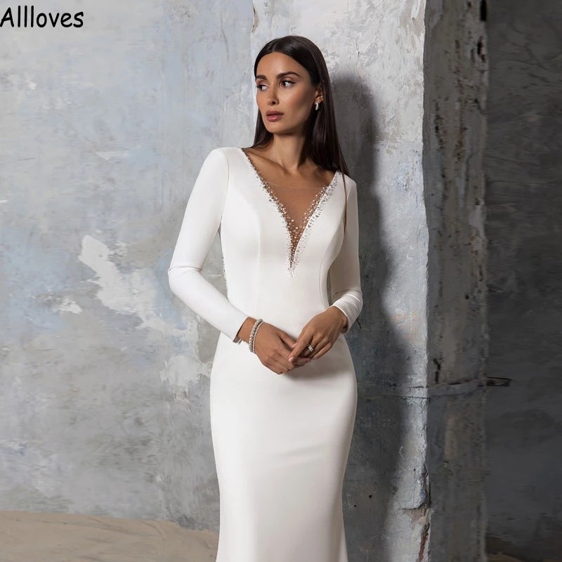 Novos vestidos de noiva de sereia de designer com mangas compridas simples e elegantes vestidos de noiva de cetim brancos lantejous brilhantes Sexy Deep V pesco￧o de noiva