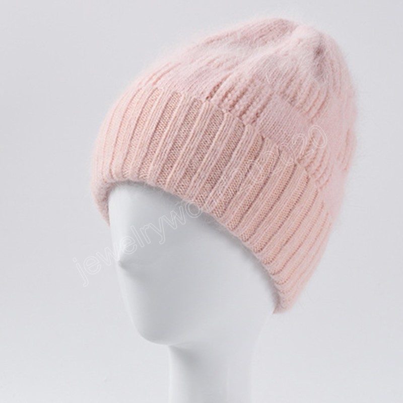 Chapeau d'hiver en fourrure de lapin pour femmes, bonnet tricoté épais et chaud pour filles, style coréen, couleur unie, à la mode