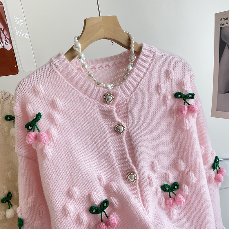Women's o-neck rhinestone 3D cherry pattern single breasted knitted sweater cardigan coat