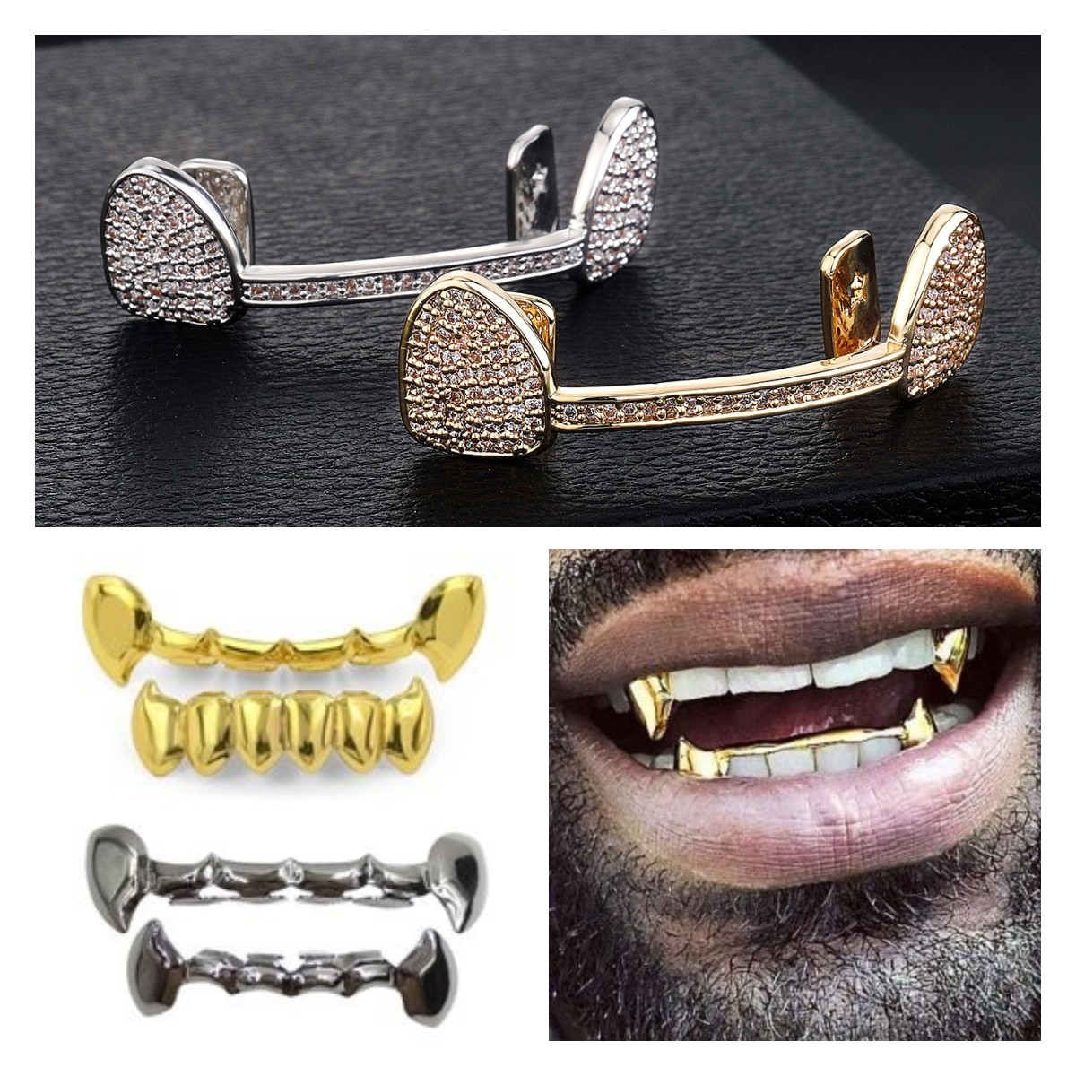 Dentes de vampiro de hiphop fang grillz 18k Real Gold Gold Cz cúbico zirconia diamante churrasqueiras de boca dental aparecem jóias de rapper de dente de dente inferior para figurino