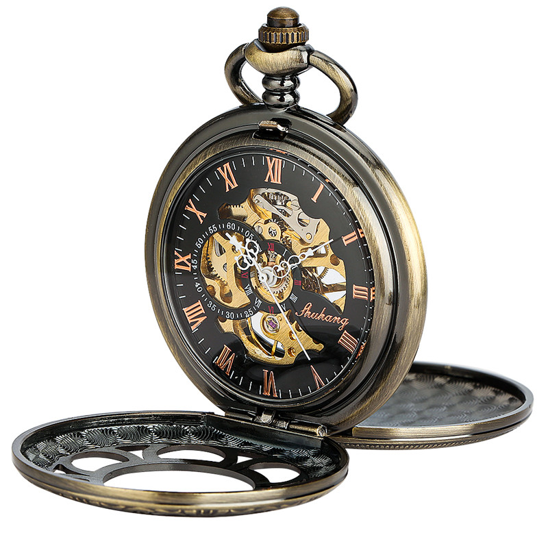 Vintage Style Pocket Watch Hollow Out Case Men's Handwinding Mechanical Watches Roman Numeral FOB Pendant Chain