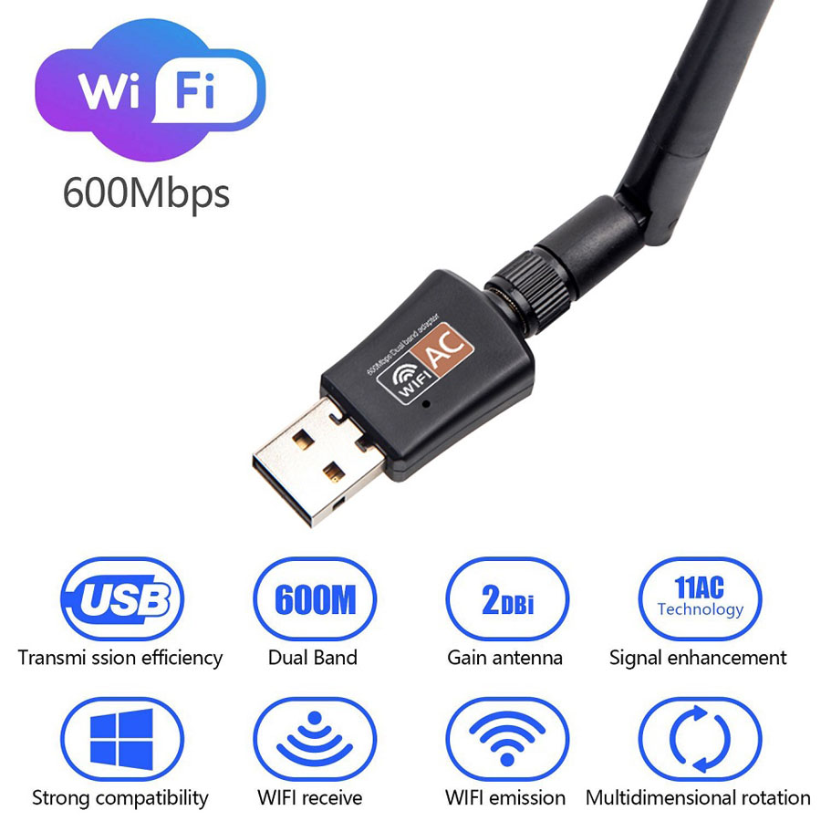 Двухдиапазонный USB-адаптер Wi-Fi 600 Мбит/с 2,4 ГГц 5 ГГц Wi-Fi с антенной ПК Мини-компьютер AC600 Приемник сетевой карты 802.11b/n/g/ac