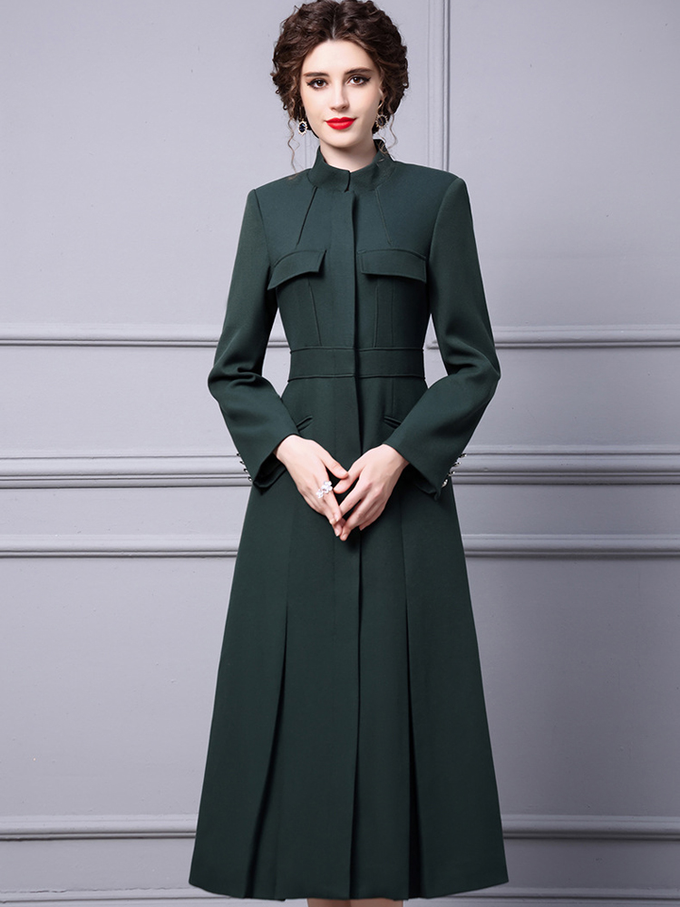 Fashion Runway Autumn Winter Trench Casat for Women Elegant Stand Collar Colar Long sobretudo