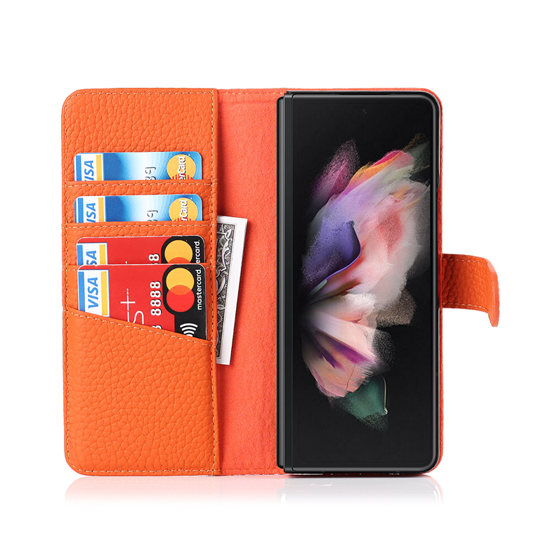 Folding Flip äkta Lychee -mönster lädertelefonfodral för Samsung Galaxy Z Fold3 5G flera kortplatser Plånbok Kickstand Protective Shell med penna slothållare