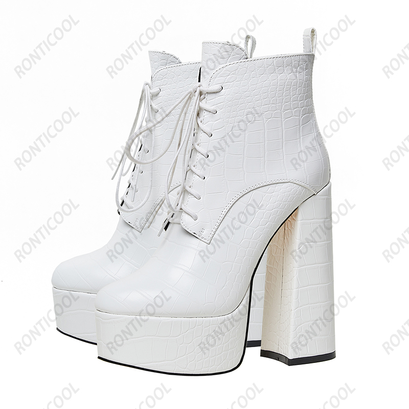 Heelsmaker Handmade Women Winter Canle Boots Lace Up Platform Hoof Heels Round Toe Tee White Black Party Shoes Plus US 5-15