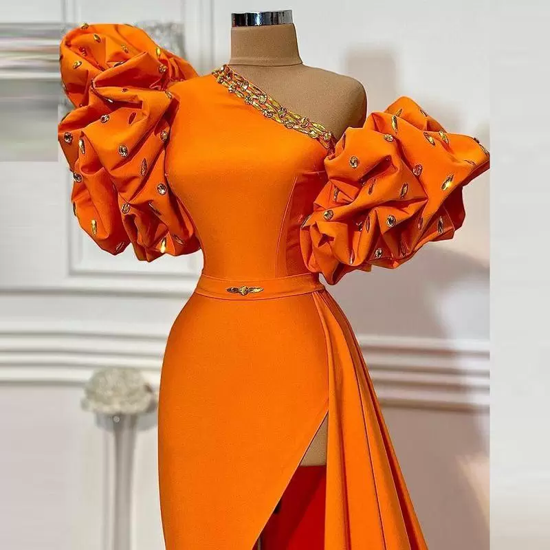 Sexy Orange Mermaid Prom Dresses Long for Women Plus Size Satin One Shoulder Beaded Pleats Draped Ruched Formal Evening Party Wear Gowns Custom Made