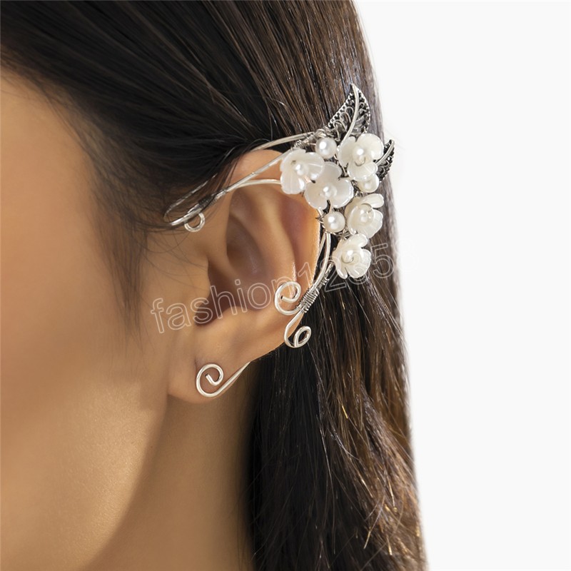 Elegant White Flower Ear Cuffs Earrings for Women Wed Bridal Vintage No Piercing Imitation Pearl Clip Earrings Jewelry