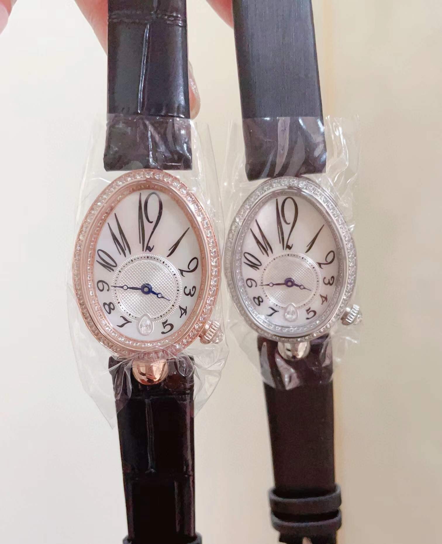 Montre-bracelet ovale en cuir noir et diamant pour femmes, Vintage, chiffres géométriques, cadran en nacre, horloge à Quartz