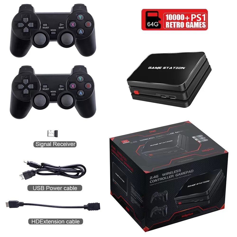 M8 Video Game Console 2.4G Dubbel trådlös Controller Game Stick 4K 10000 spel 64GB Retro