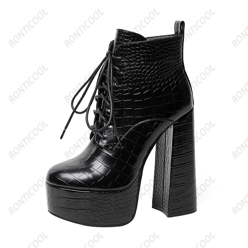 Heelsmaker Handmade Women Winter Canle Boots Lace Up Platform Hoof Heels Round Toe Tee White Black Party Shoes Plus US 5-15