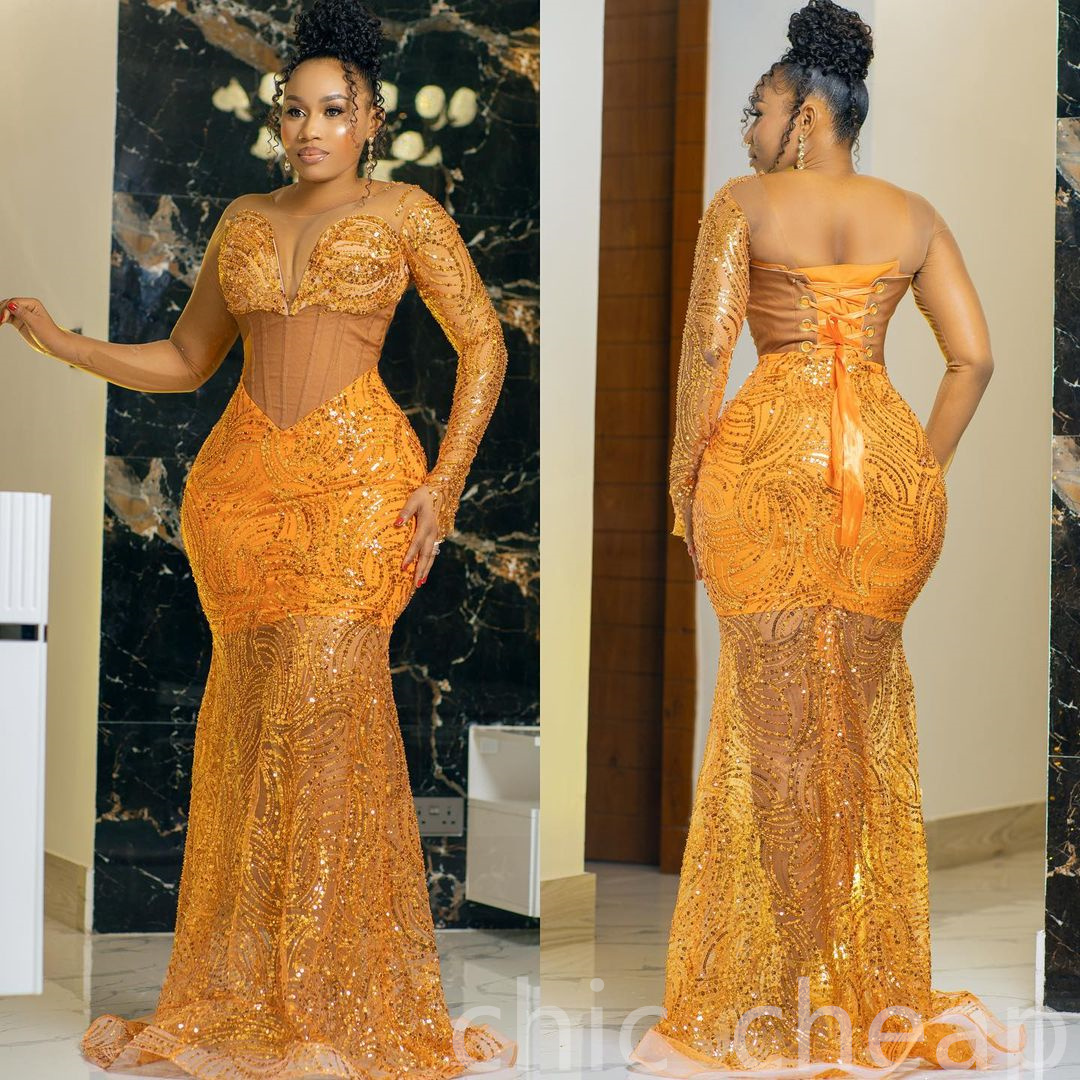 2023 Arabic Aso Ebi Orange Mermaid Prom Dresses Sequined Lace Sexy Evening Formal Party Second Reception Birthday Engagement Gowns Dress ZJ202