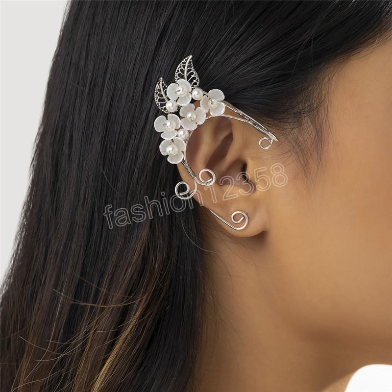 Elegant White Flower Ear Cuffs Earrings for Women Wed Bridal Vintage No Piercing Imitation Pearl Clip Earrings Jewelry