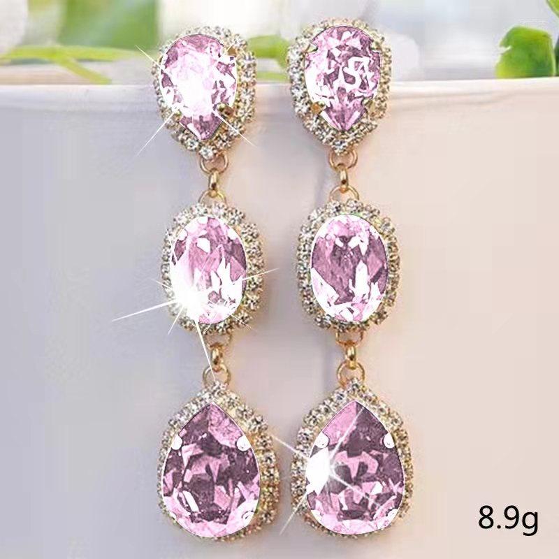 Dangle Earrings Female Crystal Water Drop Stone Gold Plated Wedding Royal Blue Green Pink Zircon Long For Women278S