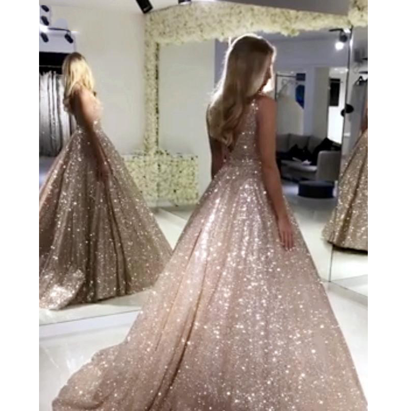 Gorgeous Rose Gold Sequined Prom Dresses Sparkle Sequin Ball Gown Evening Dress Backless Abiye Party Dress Robe De Soiree