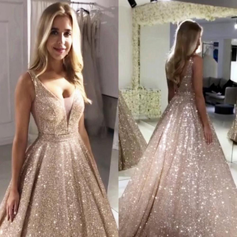 Glittering Sequin Evening Dresses New Backless Formal Party Gowns V-neck Ball Gown Red Prom Dress