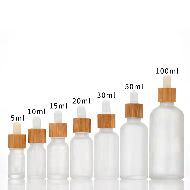 Frosted White Glass Dropper Bottle 10ml 15ml 20ml 30ml 50ml With Bamboo Cap 1oz Wooden Essential Oil Bottles