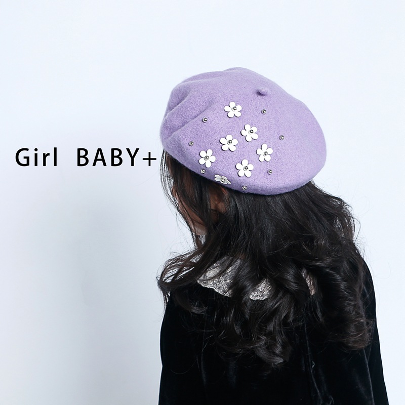 Fashion Kids Hat Caps for Girls Wool Autumn Winter Baby Girl Hat with Flowers Vintage Kids Beret Cap Babe Accessories