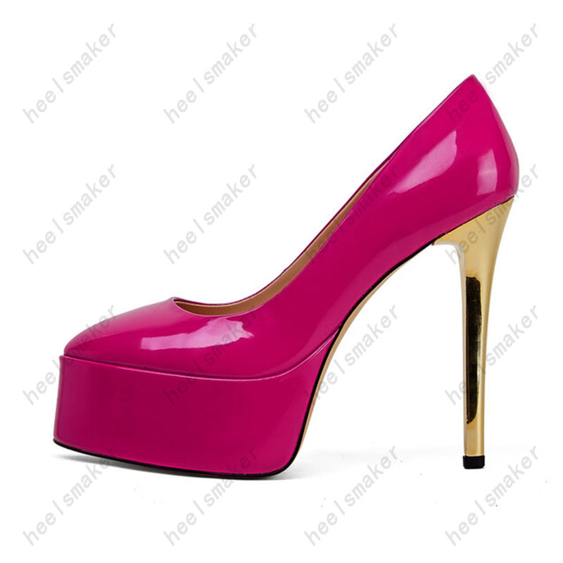 Heelsmaker Fashion Women Pumps Patent Leather Round Toe Sexy Stiletto Heels Fuchsia Red Party Shoes Ladies بالإضافة إلى حجمنا 5-13