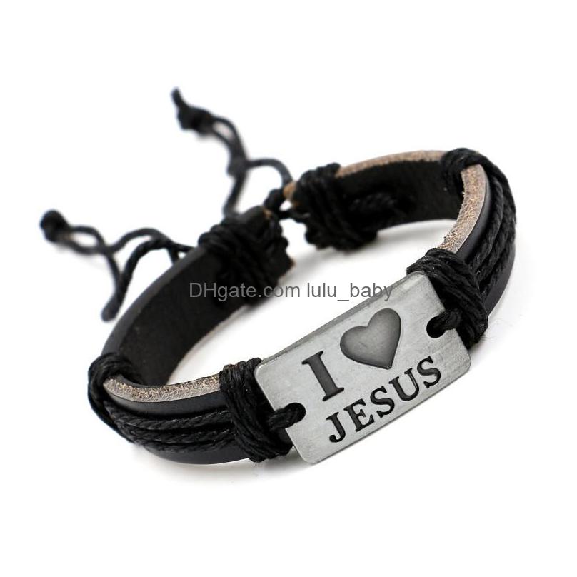 Charm Bracelets Europe Fashion Jewelry Mens Retro Alloy Iove Jesus Handmade Rope Weave Leather Bracelet Drop Delivery Bracelets Dhjag