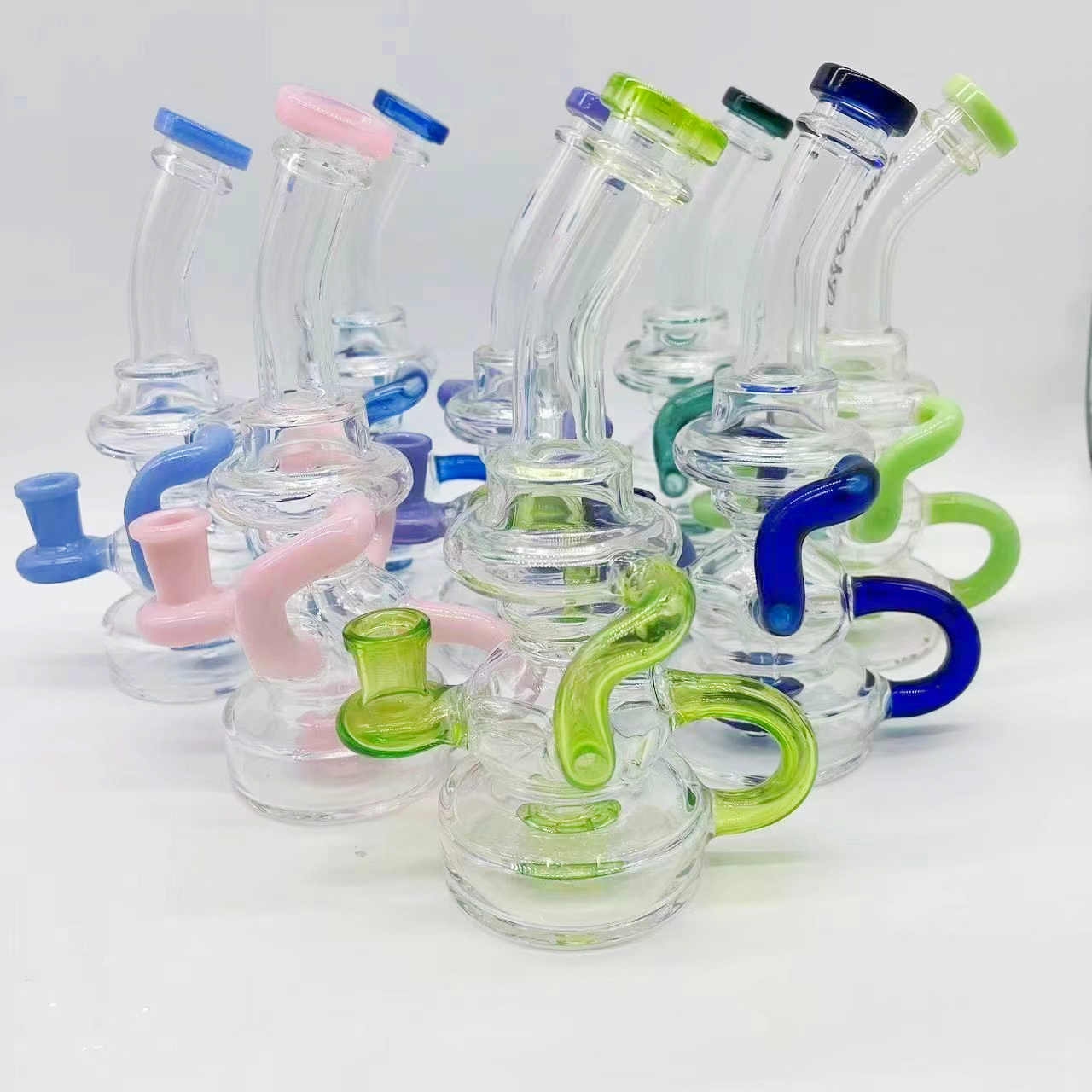 2022 8 Inch Clear Blue Glass Water Pipe Bong Dabber Rig Recycler Pipes Bongs Smoke Pipes 14.4mm Female Joint with Regular Bowl&Banger US Warehouse