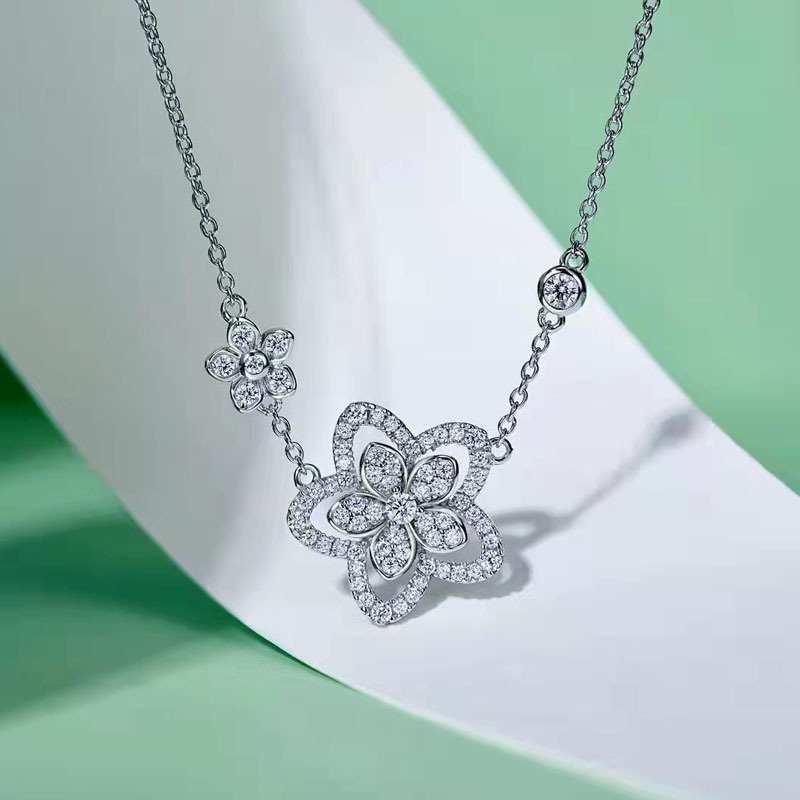 Designer Jewelry Double Flower Pendant Silver Necklace Diamond Women Collar Chain gift260S