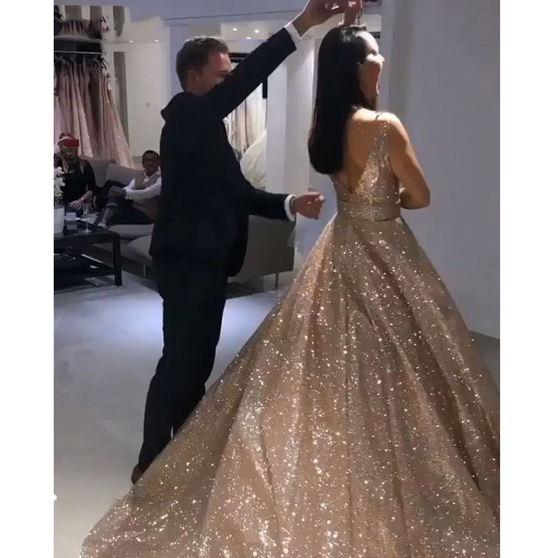 Gorgeous Rose Gold Sequined Prom Dresses Sparkle Sequin Ball Gown Evening Dress Backless Abiye Party Dress Robe De Soiree