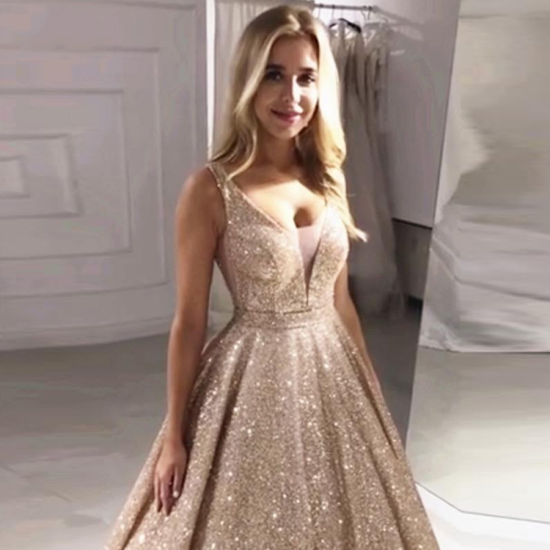 Gorgeous Rose Gold Sequined Prom Dresses Sparkle Sequin Ball Gown Evening Dress Backless Abiye Party Dress Robe De Soiree