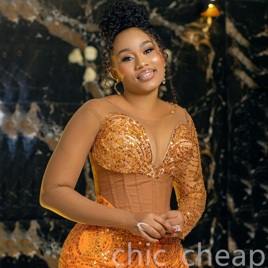 2023 Arabo Aso Ebi Orange Mermaid Prom Dresses Pizzo con paillettes Sera sexy Festa formale Secondo ricevimento Compleanno Abiti di fidanzamento Abito ZJ202