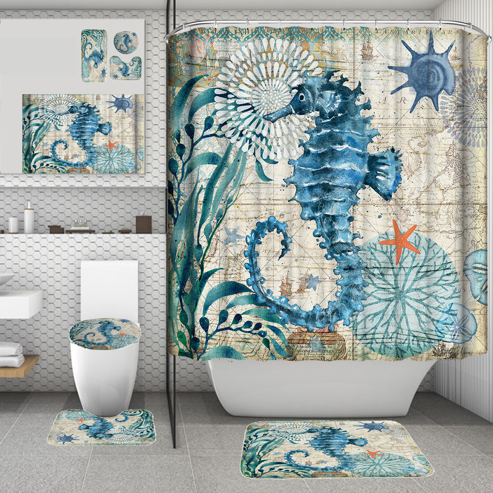 / set Salle de salle de bain rideau de toilette Toilet de toilette Ocean Beach Starfish Shephin Dolphin Octopus imprim￩ imperm￩able Tapis de bain Rideaux de salle de bain avec tapis de tapis sans glissement