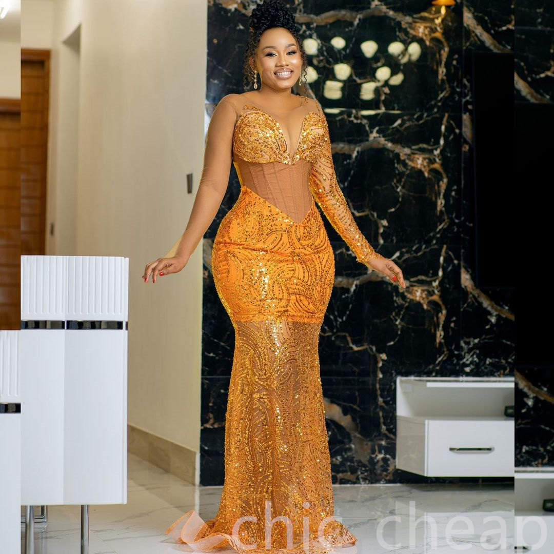 2023 Arabo Aso Ebi Orange Mermaid Prom Dresses Pizzo con paillettes Sera sexy Festa formale Secondo ricevimento Compleanno Abiti di fidanzamento Abito ZJ202