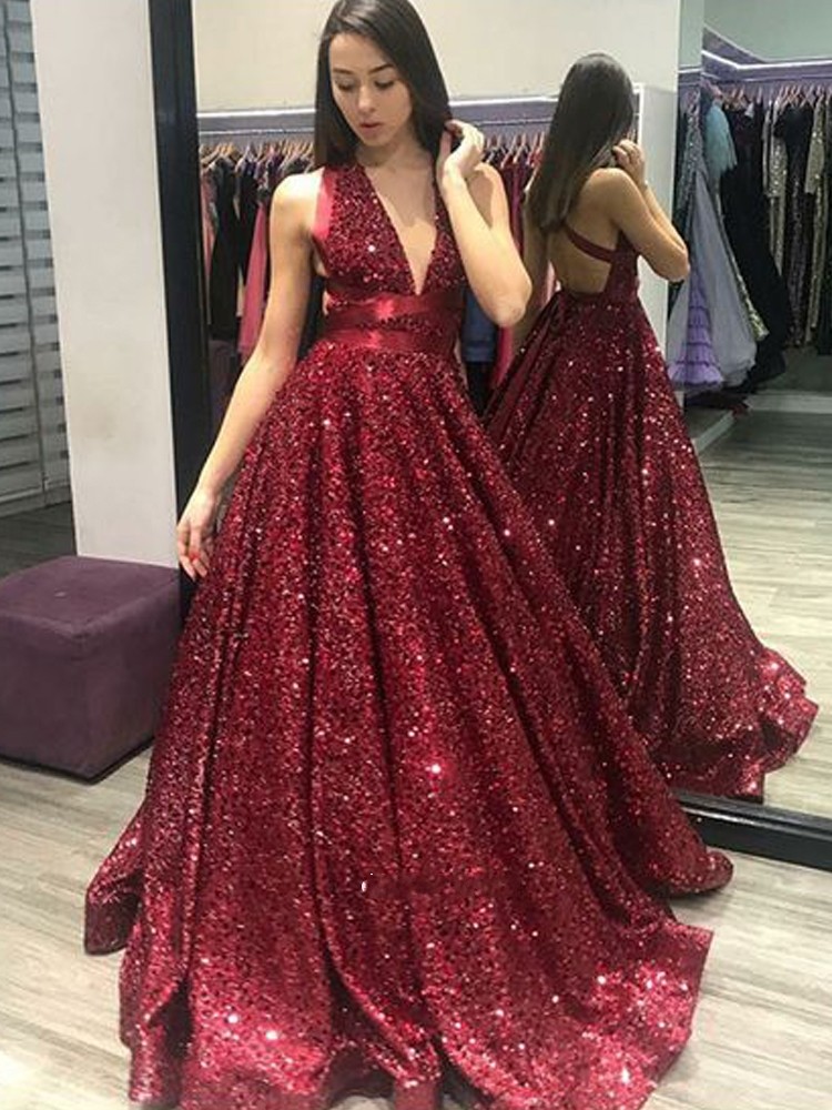 Emerald Green Prom Dresses V-Neck Glitter Sequin Ball Gown Backless Party Maxys Long Formal Gowns Evening Dress Robe De Soiree