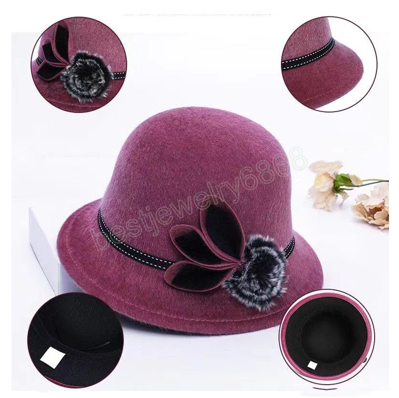 Femmes automne hiver laine chapeaux dames dôme chapeau Vintage élégant Fedoras casquette avec fleur chapeau de soleil décontracté seau casquettes