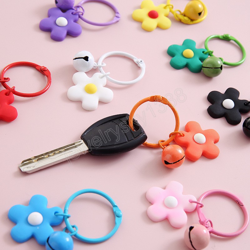 Cute Colorful Resin Flower Keychain With Bell for Women Girl Keyring Cartoon Charm Bag Pendants Car Key Chains