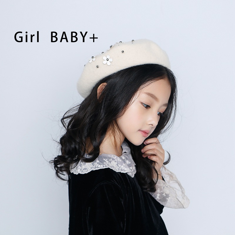 Girls Wool Autumn Winter Baby Girl Hat With Flowers Vintage Kids Beret Cap Baby Accessories Black Pink Purple Cream Color