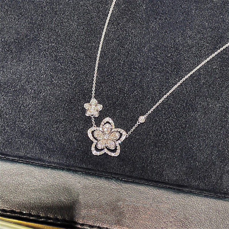 Designer Jewelry Double Flower Pendant Silver Necklace Diamond Women Collar Chain gift260S