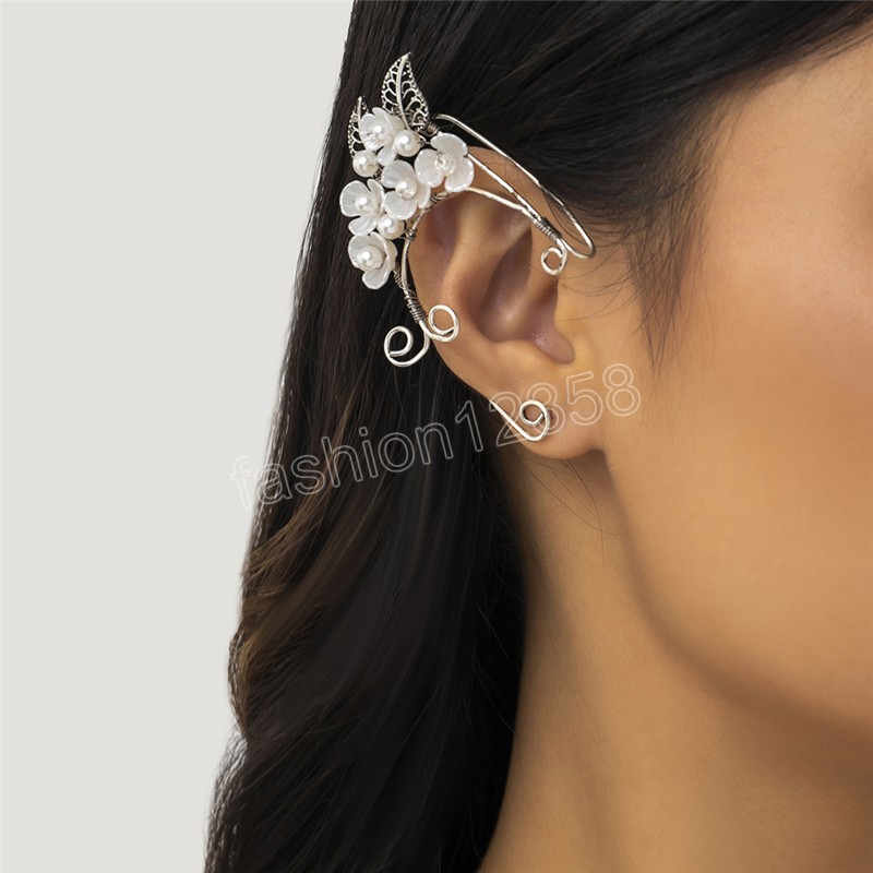 Elegant White Flower Ear Cuffs Earrings for Women Wed Bridal Vintage No Piercing Imitation Pearl Clip Earrings Jewelry