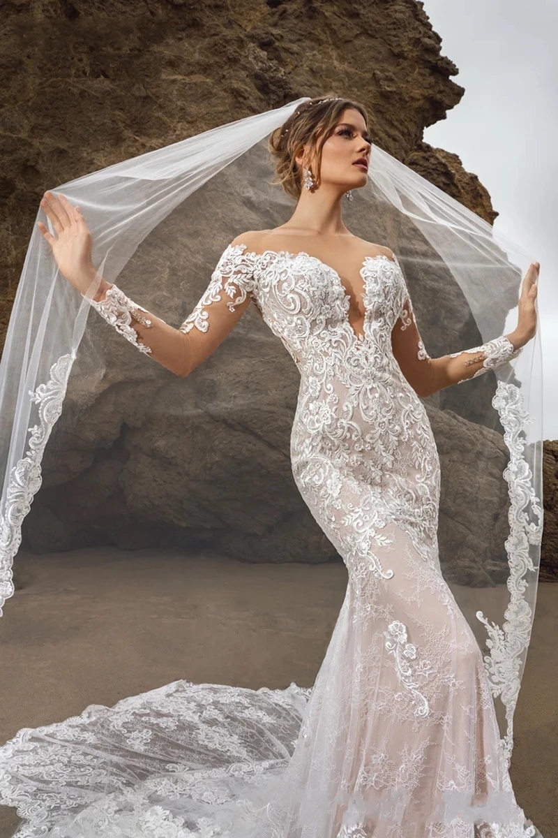 Mermaid Wedding Dresses 2023 Lace Deep V-Neck Neckline Full Sleeves Chapel Train Plus Size Bride Gown Vestidos De Novia GC1202x4