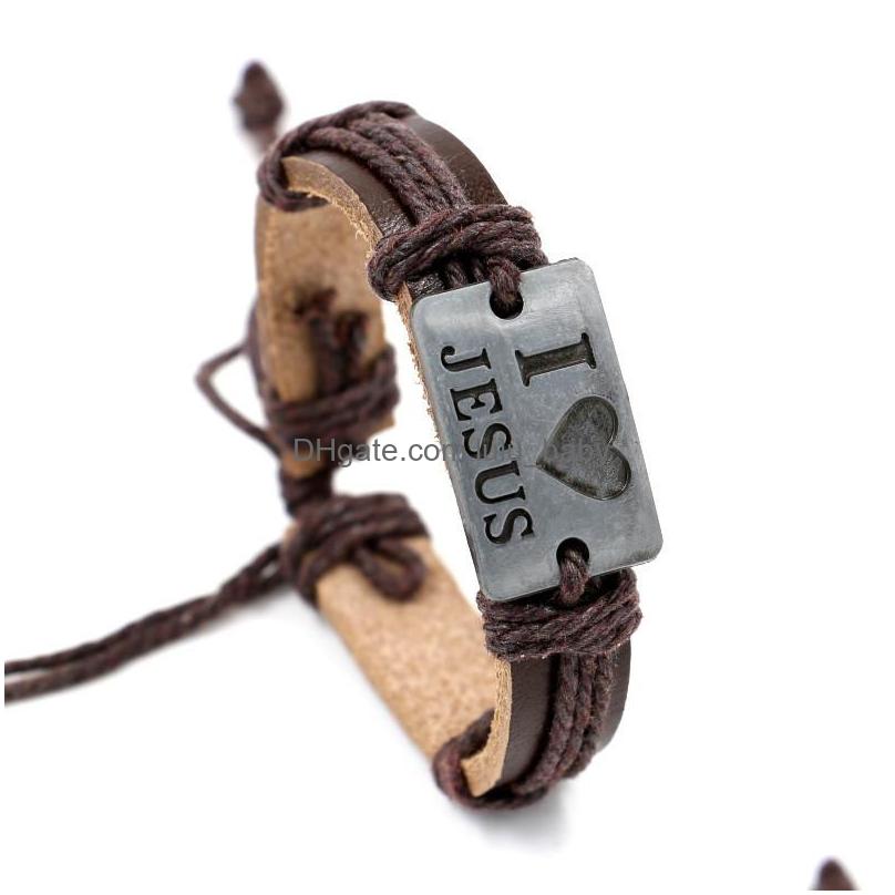 Charm Bracelets Europe Fashion Jewelry Mens Retro Alloy Iove Jesus Handmade Rope Weave Leather Bracelet Drop Delivery Bracelets Dhjag